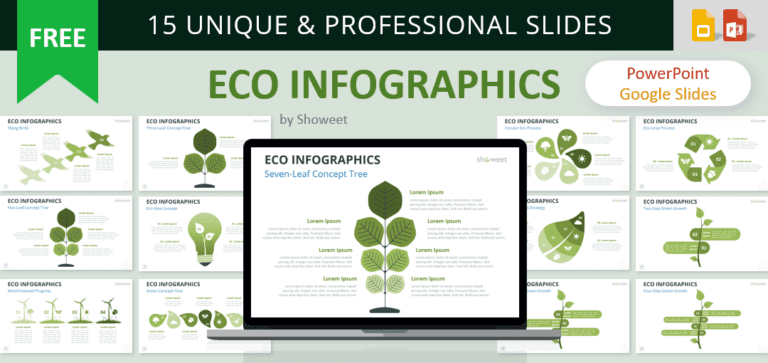 Preview of the Eco Infographics template for PowerPoint and Google Slides featuring 15 nature-inspired and fully editable diagrams.