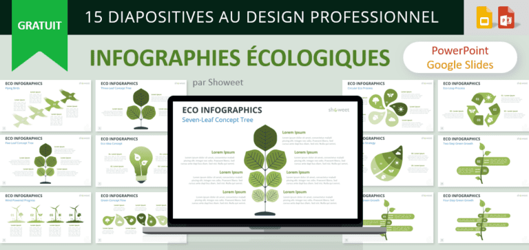 Aperçu du modèle Infographies Écologiques pour PowerPoint et Google Slides avec 15 diagrammes éditables inspirés par la nature.