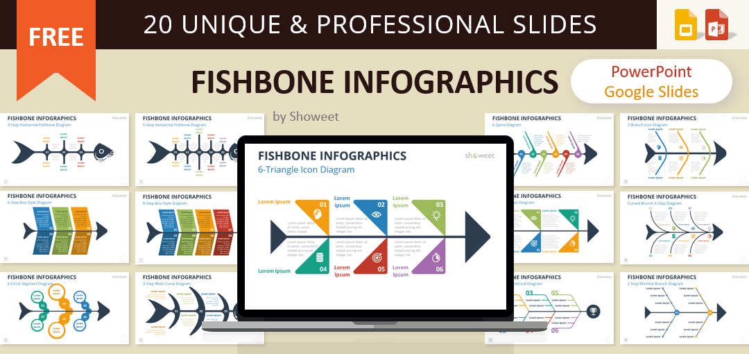 Editable fishbone infographics template for PowerPoint and Google Slides with 20 unique cause-and-effect diagram designs.